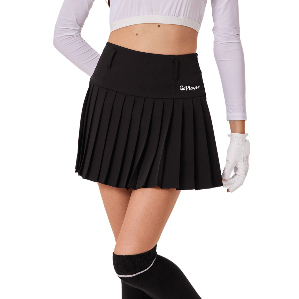 GoPlayer Women's Golf Elastic Waist Pleated Skirt (Black)