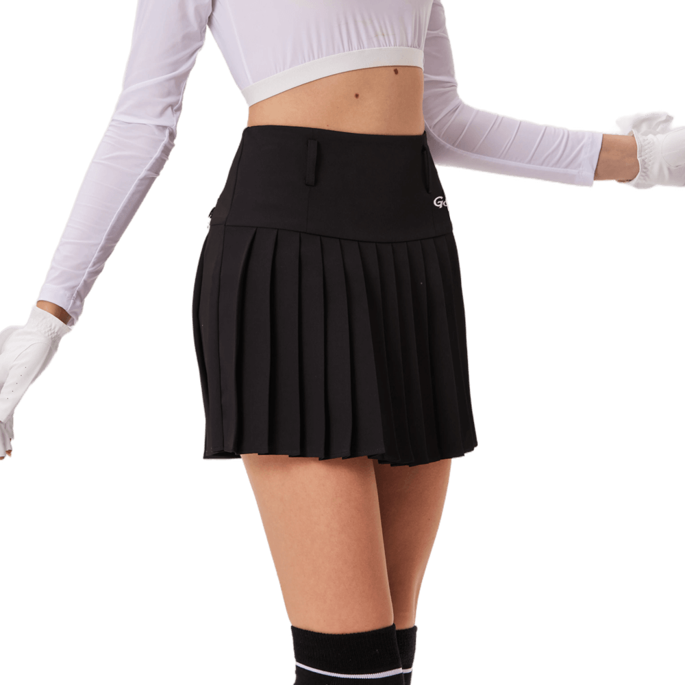 GoPlayer Women's Golf Elastic Waist Pleated Skirt (Black)