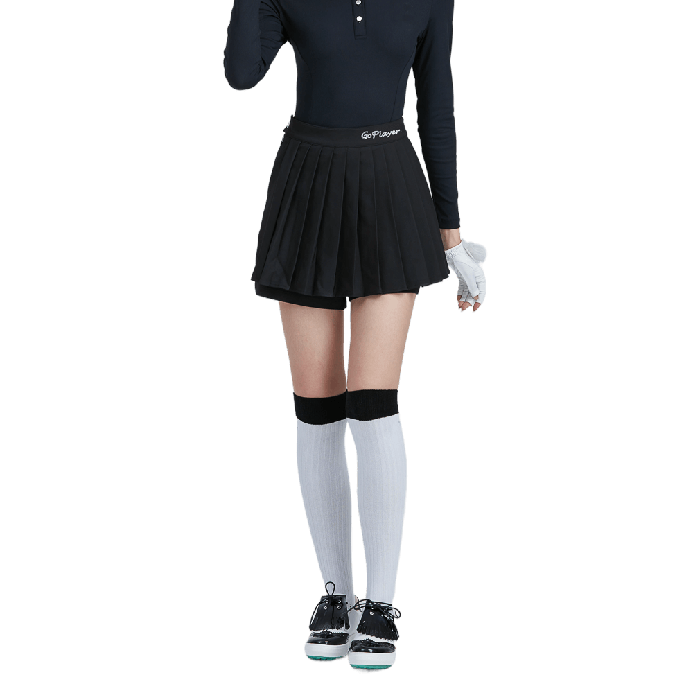 GoPlayer レディース ゴルフ フェイク ツーピース プリーツ パンツ スカート (ブラック)