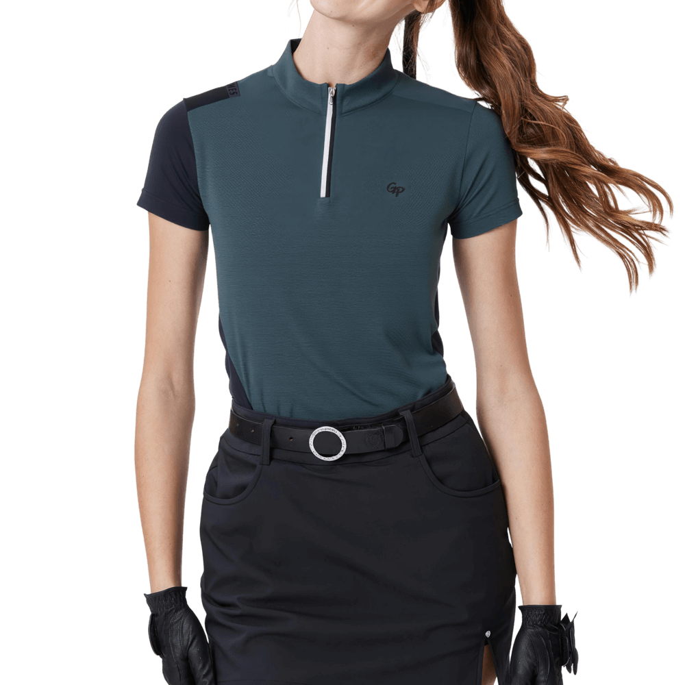 GoPlayer レディース スタンドカラー ゴルフ 半袖Tシャツ (ダークグリーン)