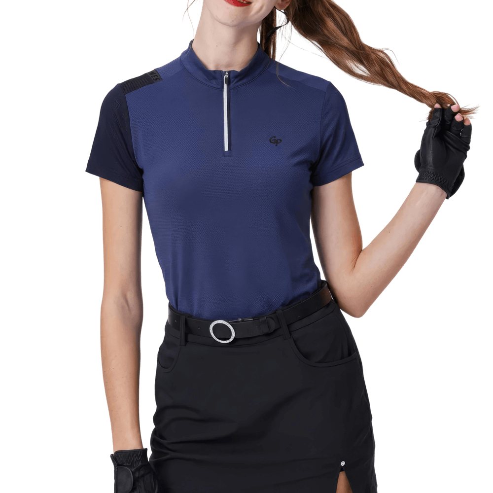 GoPlayer レディース スタンドカラー ゴルフ 半袖Tシャツ (ネイビーブルー)
