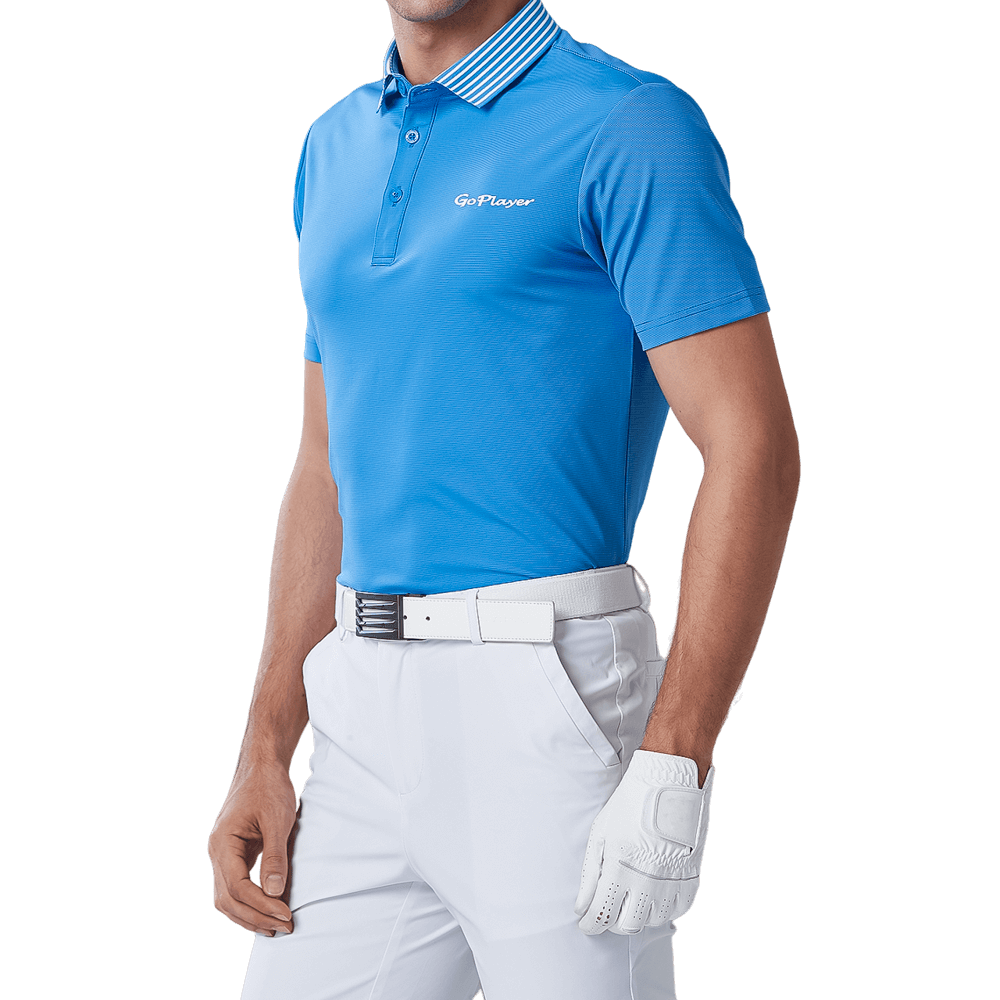 GoPlayer Men's Elastic Quick Dry Short Sleeve Top (Striped Collar Blue)