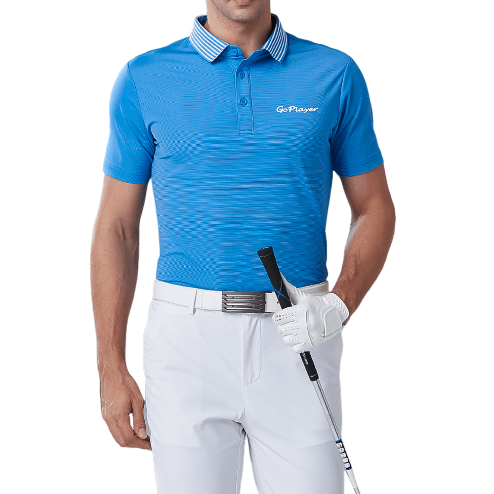 GoPlayer Men's Elastic Quick Dry Short Sleeve Top (Striped Collar Blue)
