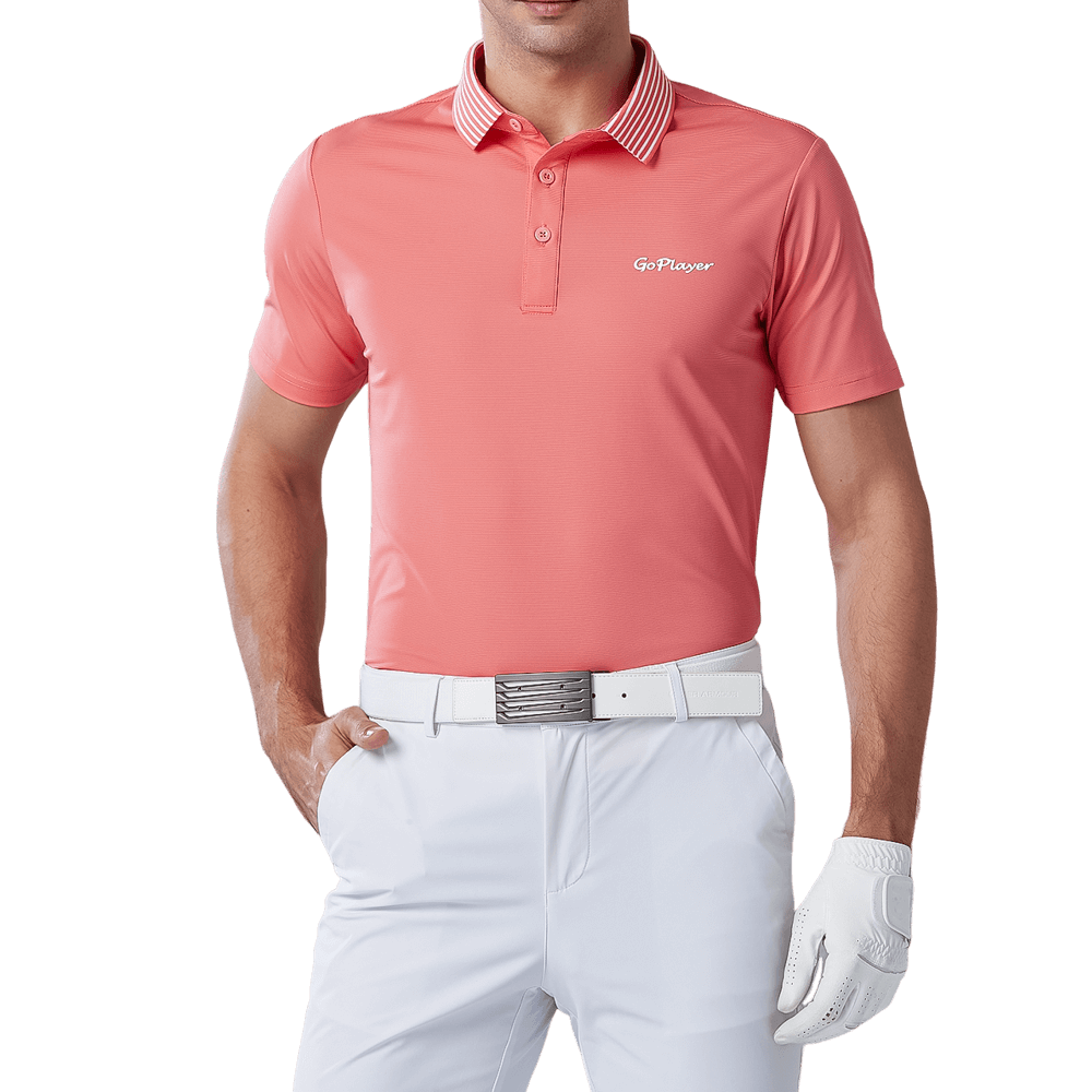 GoPlayer Men's Elastic Quick Dry Short Sleeve Top (Striped Collar Orange)