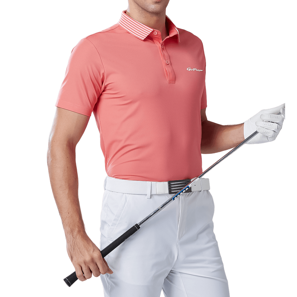 GoPlayer Men's Elastic Quick Dry Short Sleeve Top (Striped Collar Orange)