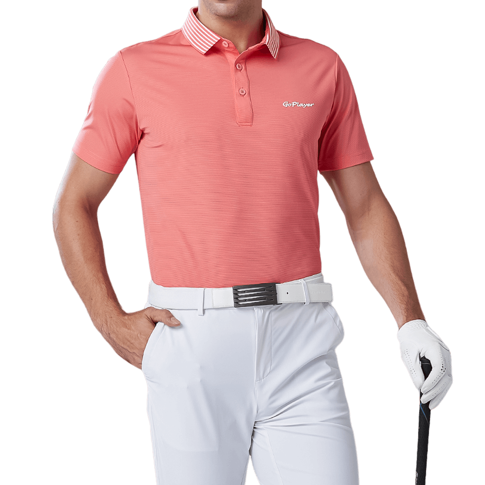 GoPlayer Men's Elastic Quick Dry Short Sleeve Top (Striped Collar Orange)