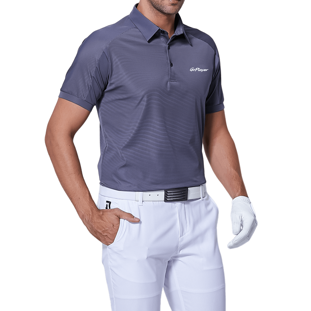 GoPlayer Men's Elastic Quick Dry Short Sleeve Top (Dark Blue Shoulder Net)