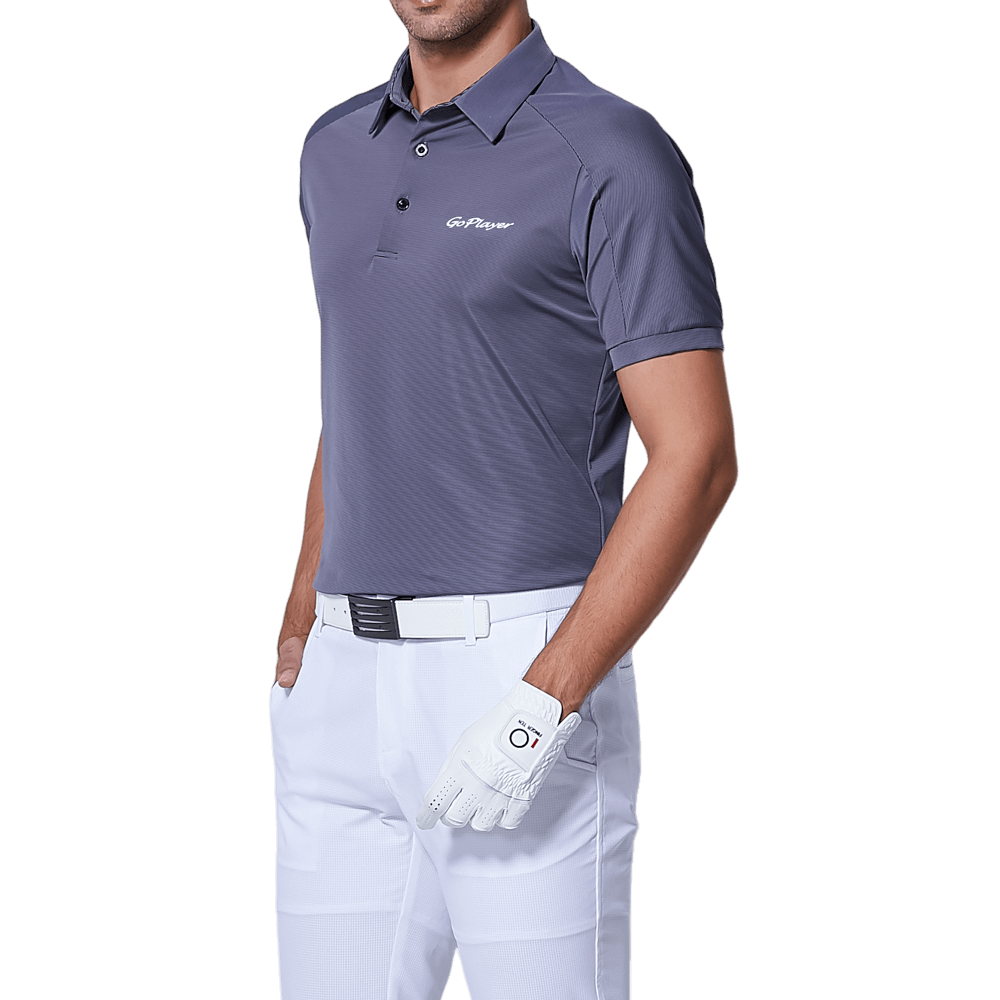 GoPlayer Men's Elastic Quick Dry Short Sleeve Top (Dark Blue Shoulder Net)