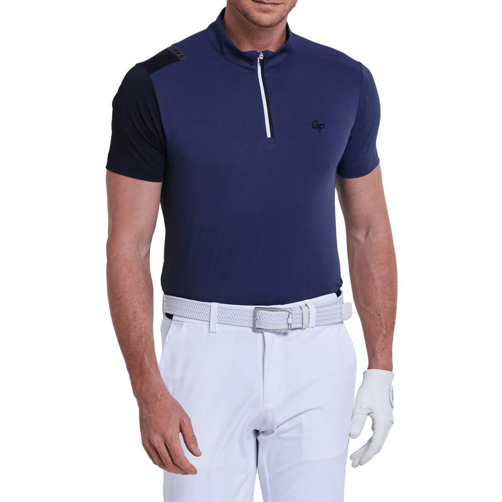 GoPlayer Men's Stand Collar Golf Short-Sleeve T-Shirt (Navy Blue)