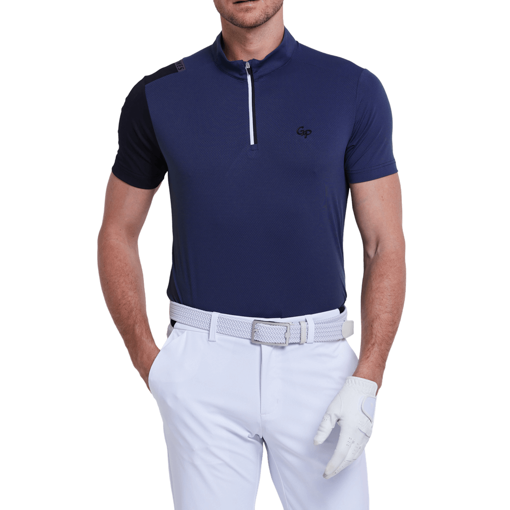 GoPlayer Men's Stand Collar Golf Short-Sleeve T-Shirt (Navy Blue)