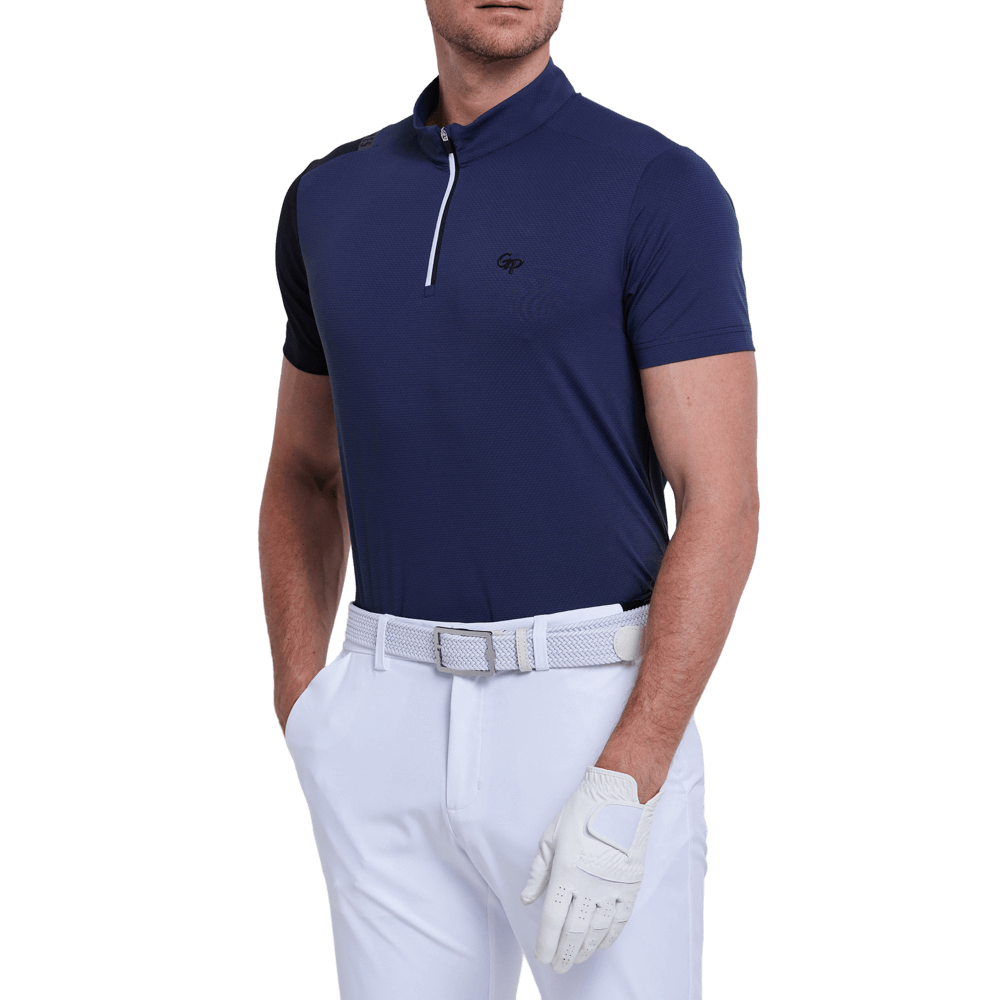 GoPlayer Men's Stand Collar Golf Short-Sleeve T-Shirt (Navy Blue)