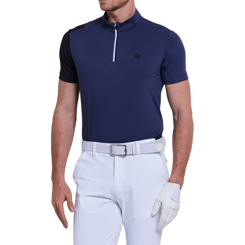 GoPlayer Men's Stand Collar Golf Short-Sleeve T-Shirt (Navy Blue)