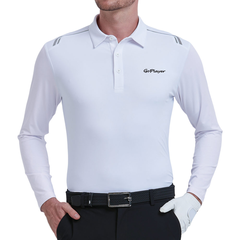 GoPlayer Men's Quick-Dry UV Protection Long-Sleeve Polo Shirt (White)
