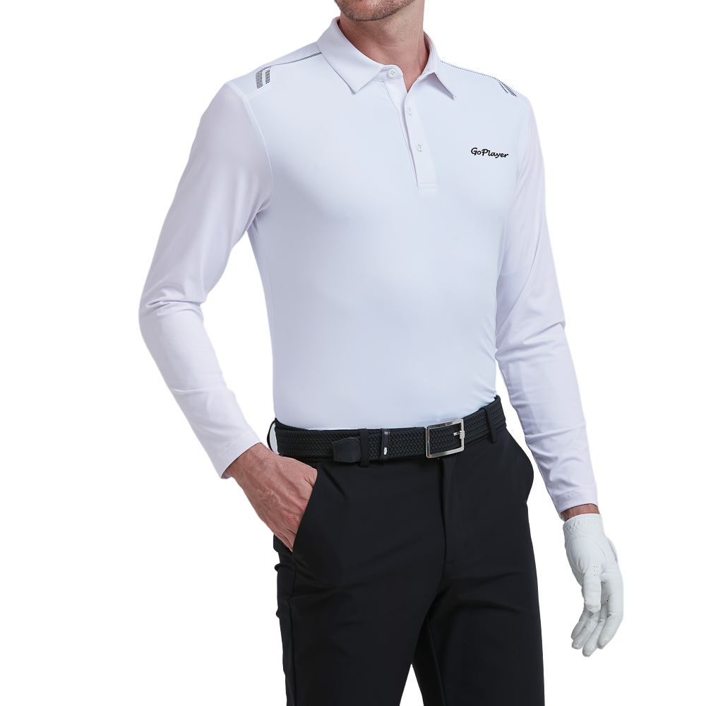 GoPlayer Men's Quick-Dry UV Protection Long-Sleeve Polo Shirt (White)