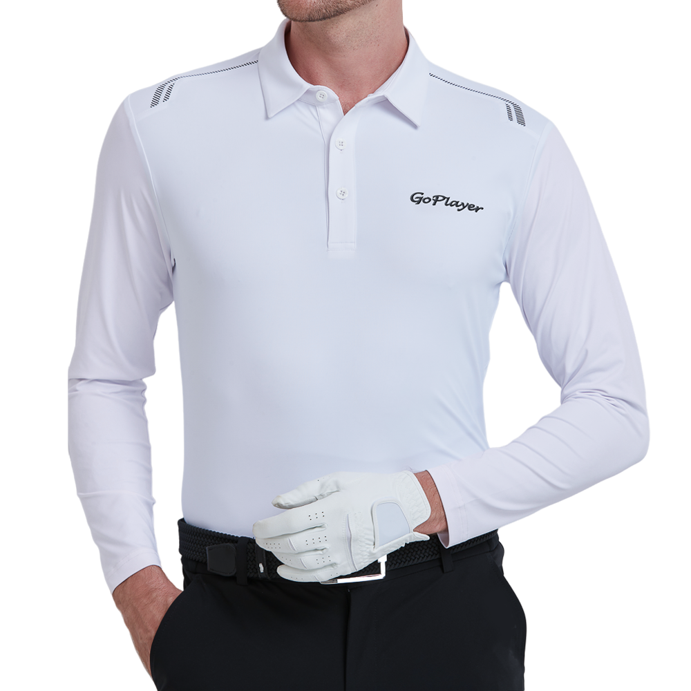 GoPlayer Men's Quick-Dry UV Protection Long-Sleeve Polo Shirt (White)