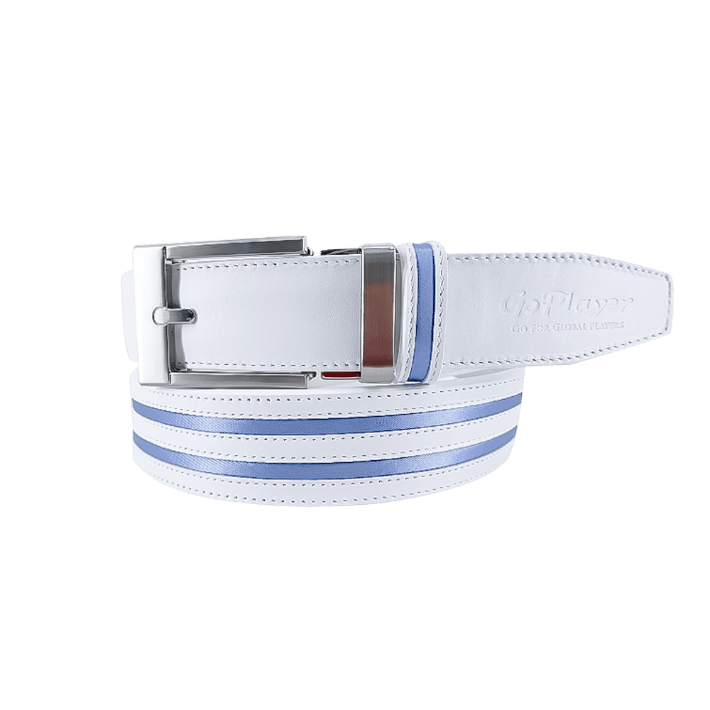 GoPlayer wide automatic buckle belt (white leather with double light blue stripes)