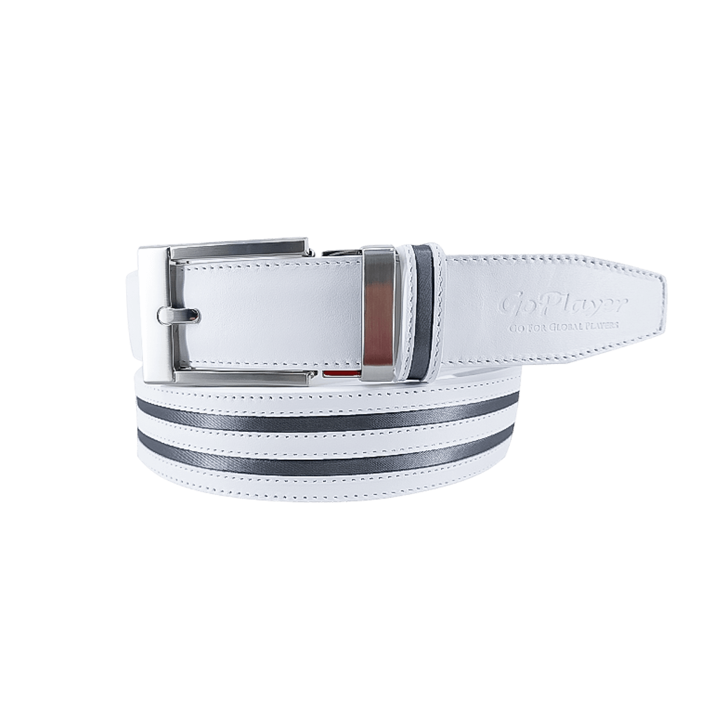 GoPlayer ワイド自動バックルベルト（ホワイトレザーにダブルブラックストライプ）