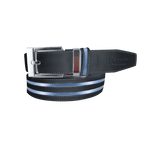 GoPlayer ワイド自動バックルベルト（ブラックレザー、ライトブルーのダブルストライプ）