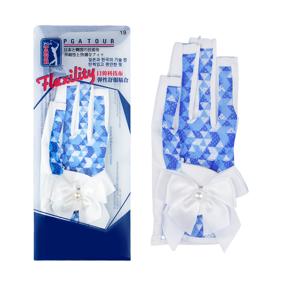 PGA TOUR Women's Golf Fingerless Bow Gloves (White and Blue)