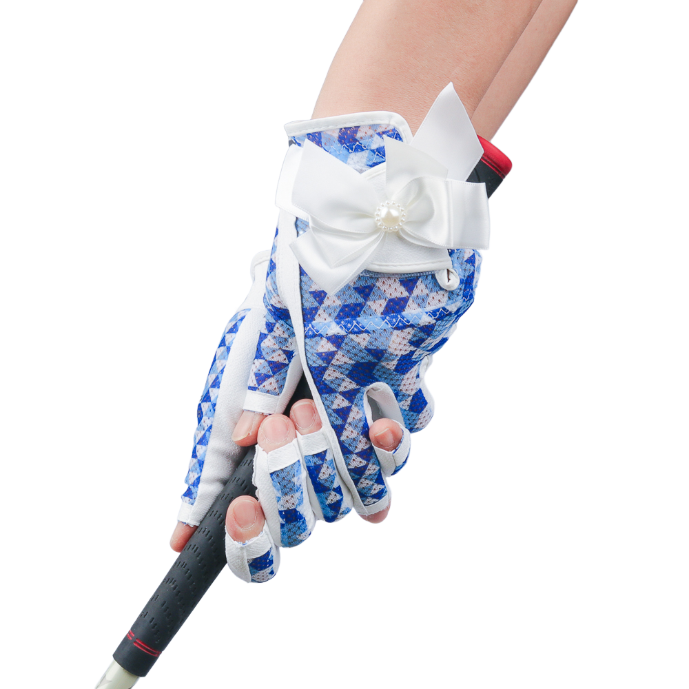 PGA TOUR Women's Golf Fingerless Bow Gloves (White and Blue)