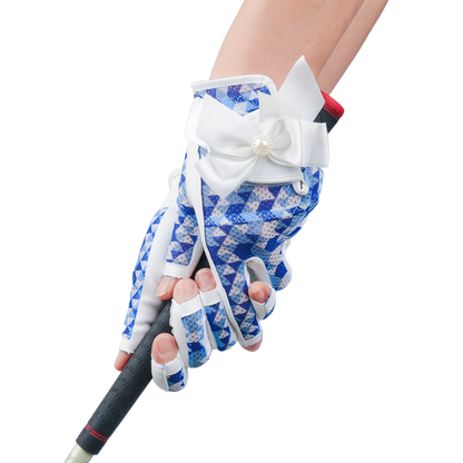 PGA TOUR Women's Golf Fingerless Bow Gloves (White and Blue)