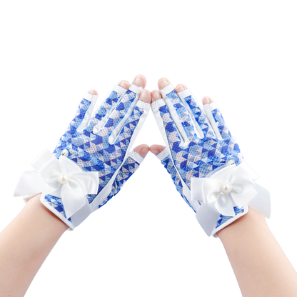 PGA TOUR Women's Golf Fingerless Bow Gloves (White and Blue)