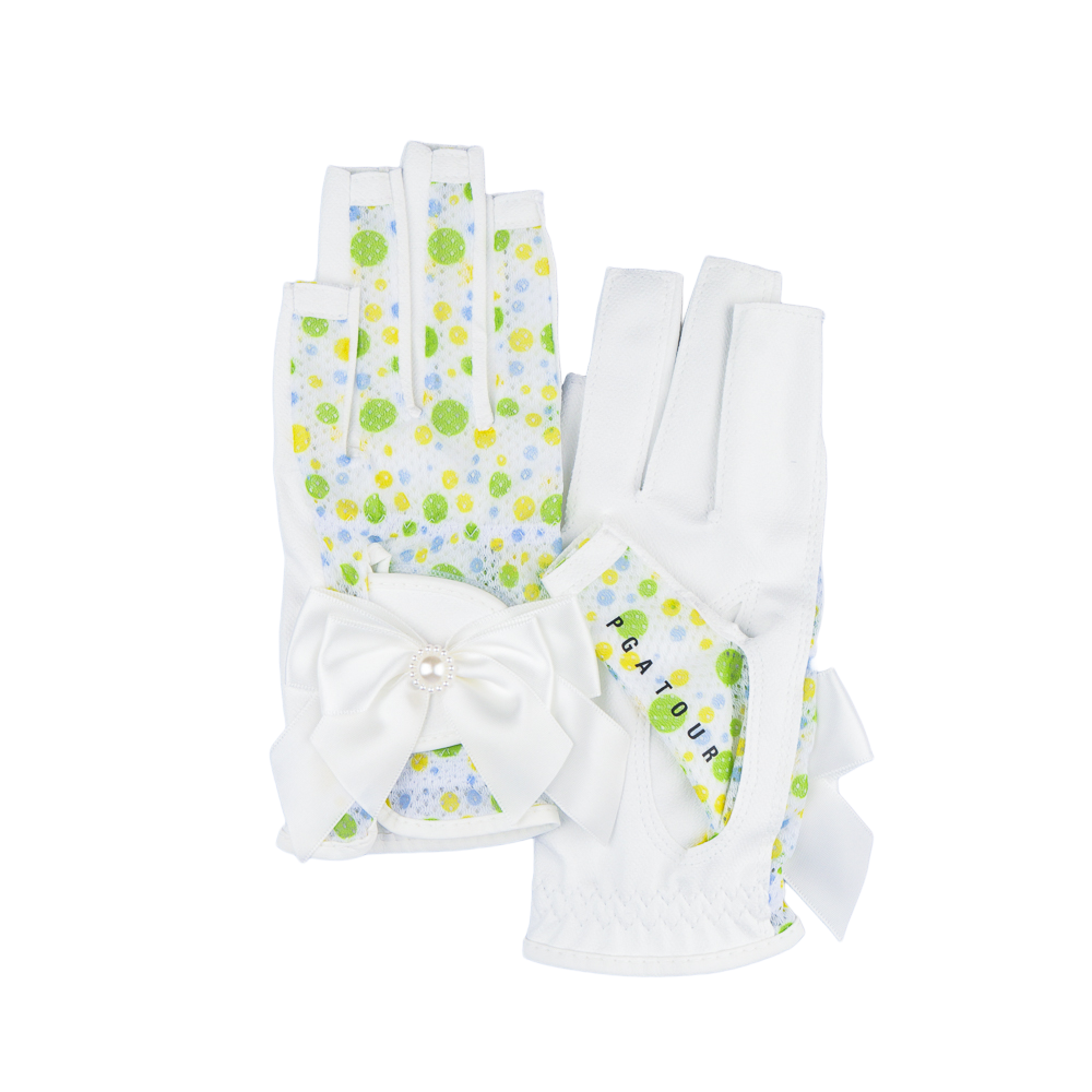 PGA TOUR Women's Golf Fingerless Bow Gloves (White and Green)