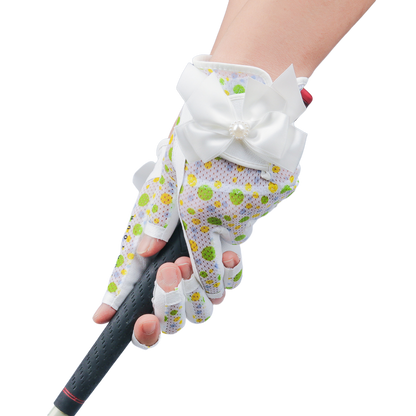 PGA TOUR Women's Golf Fingerless Bow Gloves (White and Green)