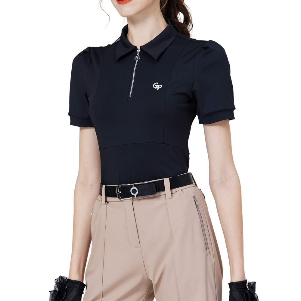 Women's short-sleeved top with zip-up collar (black)