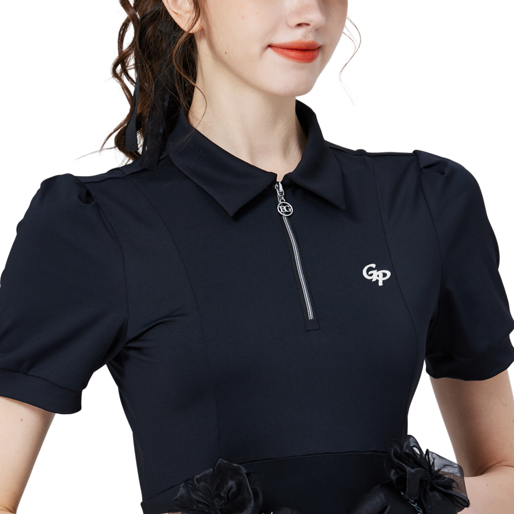 Women's short-sleeved top with zip-up collar (black)