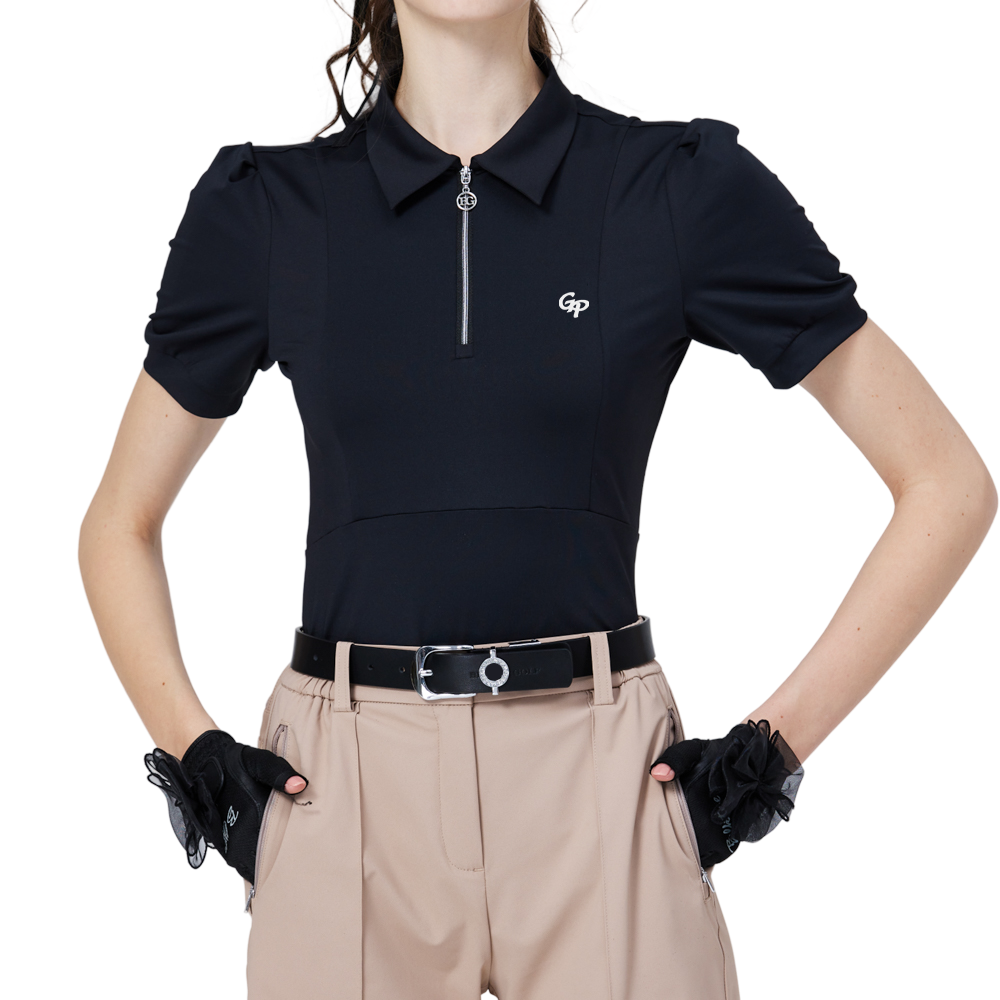 Women's short-sleeved top with zip-up collar (black)