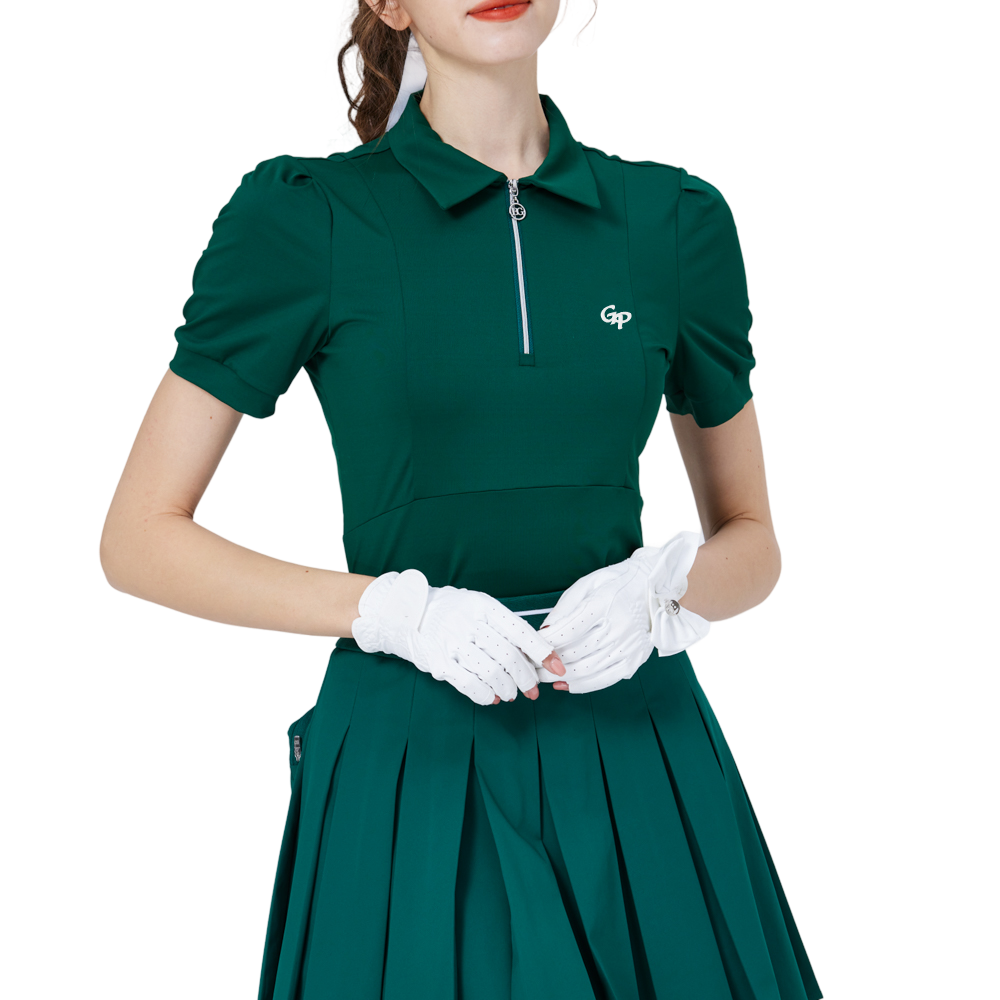 Women's short-sleeved top with zip-up collar (dark green)