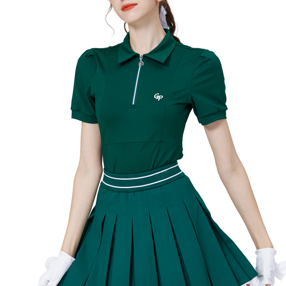 Women's short-sleeved top with zip-up collar (dark green)