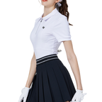 ジッパーとターンダウンカラーが付いたレディース半袖トップス（ホワイト）