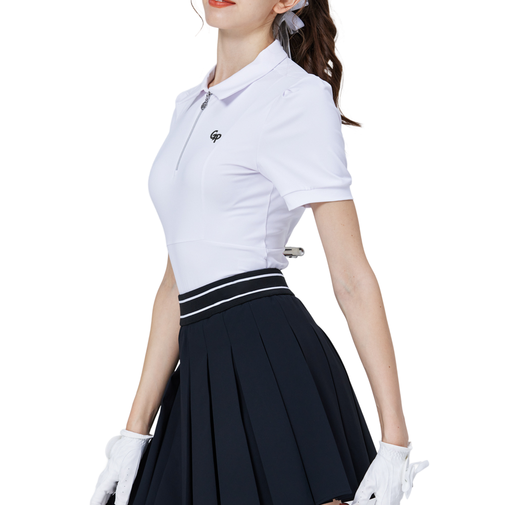 Women's short-sleeved top with zipper and collar (white)