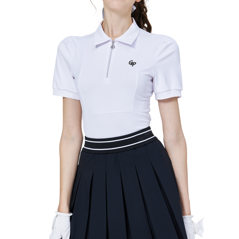 Women's short-sleeved top with zipper and collar (white)