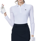 ビーズ付きの襟が付いた、レディースの白いアイスシルクの日焼け防止ラグラン スリーブ トップス。