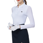 ビーズ付きの襟が付いた、レディースの白いアイスシルクの日焼け防止ラグラン スリーブ トップス。