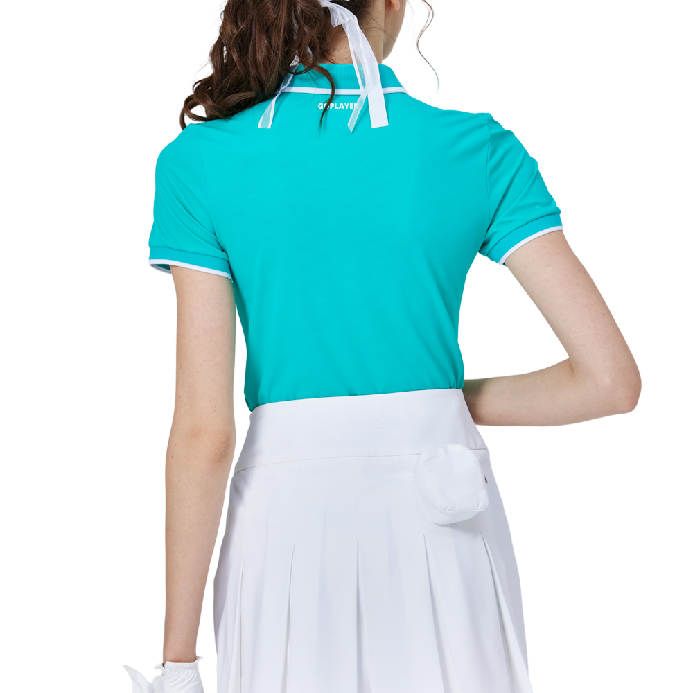 菱格緹花螺紋領女短袖上衣(青綠)