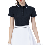 ダイヤモンド柄ジャカードとリブネックのレディース半袖トップス（ブラック）