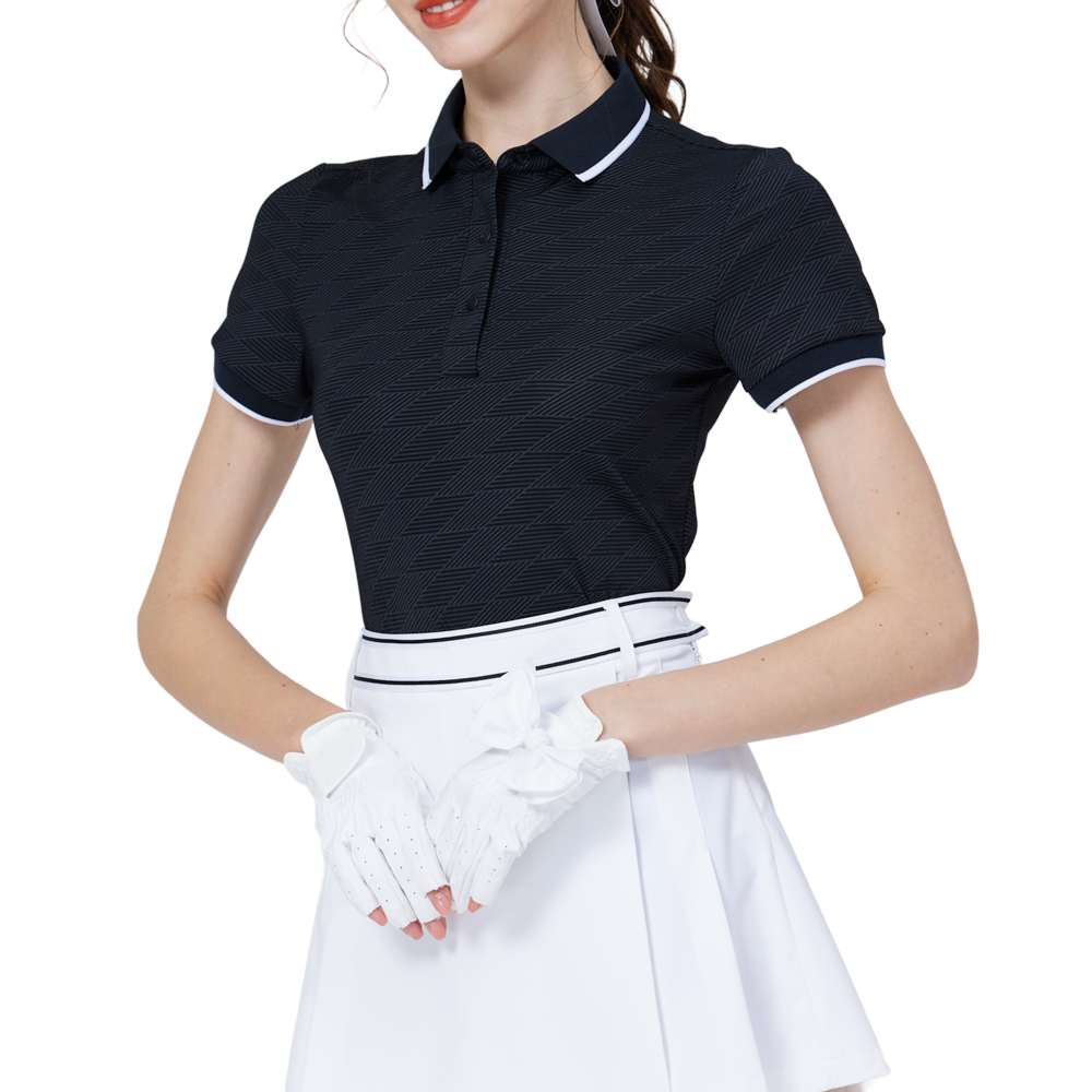 菱格緹花螺紋領女短袖上衣(黑)