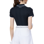 ダイヤモンド柄ジャカードとリブネックのレディース半袖トップス（ブラック）