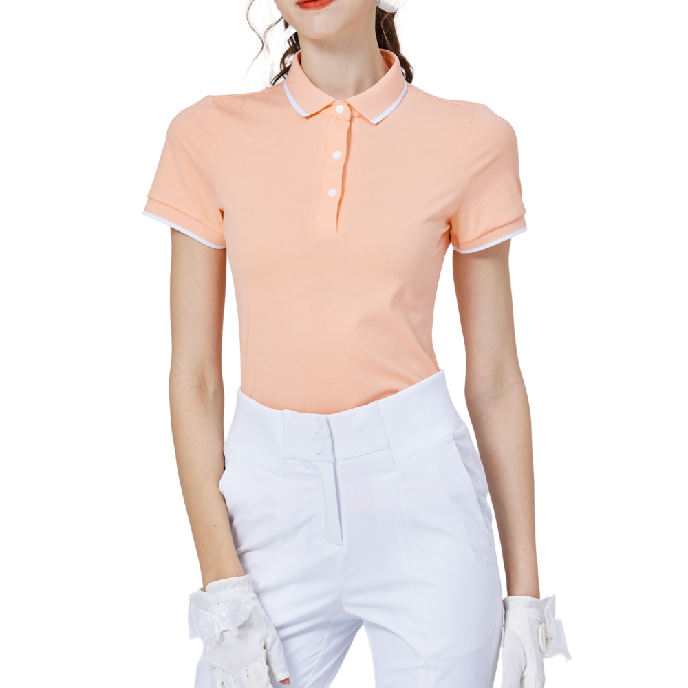 ダイヤモンド柄ジャカードリブネック半袖トップス（レディース、オレンジ）