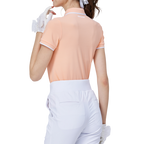 ダイヤモンド柄ジャカードリブネック半袖トップス（レディース、オレンジ）