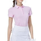 ダイヤモンド柄ジャカードとリブネックのレディース半袖トップス（ピンク）