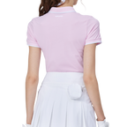 ダイヤモンド柄ジャカードとリブネックのレディース半袖トップス（ピンク）