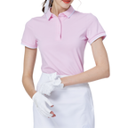 ダイヤモンド柄ジャカードとリブネックのレディース半袖トップス（ピンク）