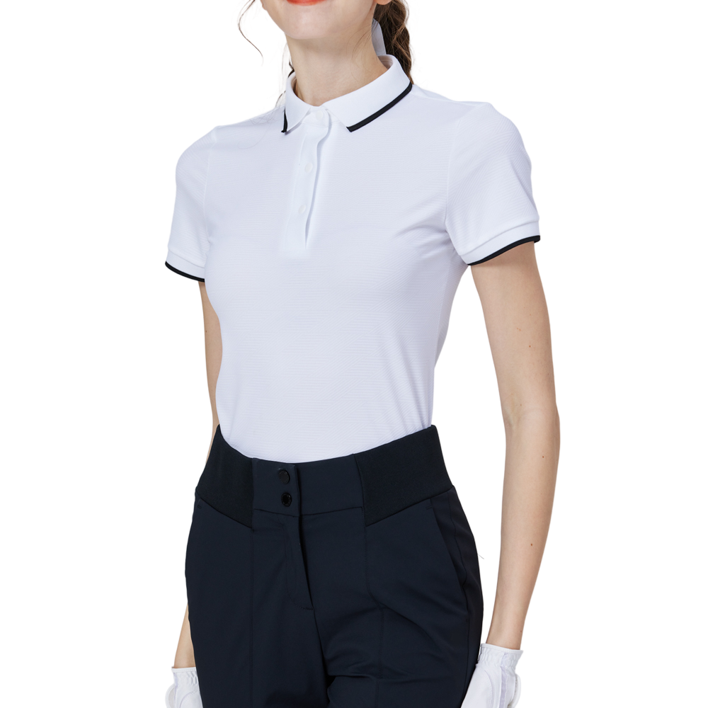 Diamond-patterned jacquard ribbed neck short-sleeved top (white)