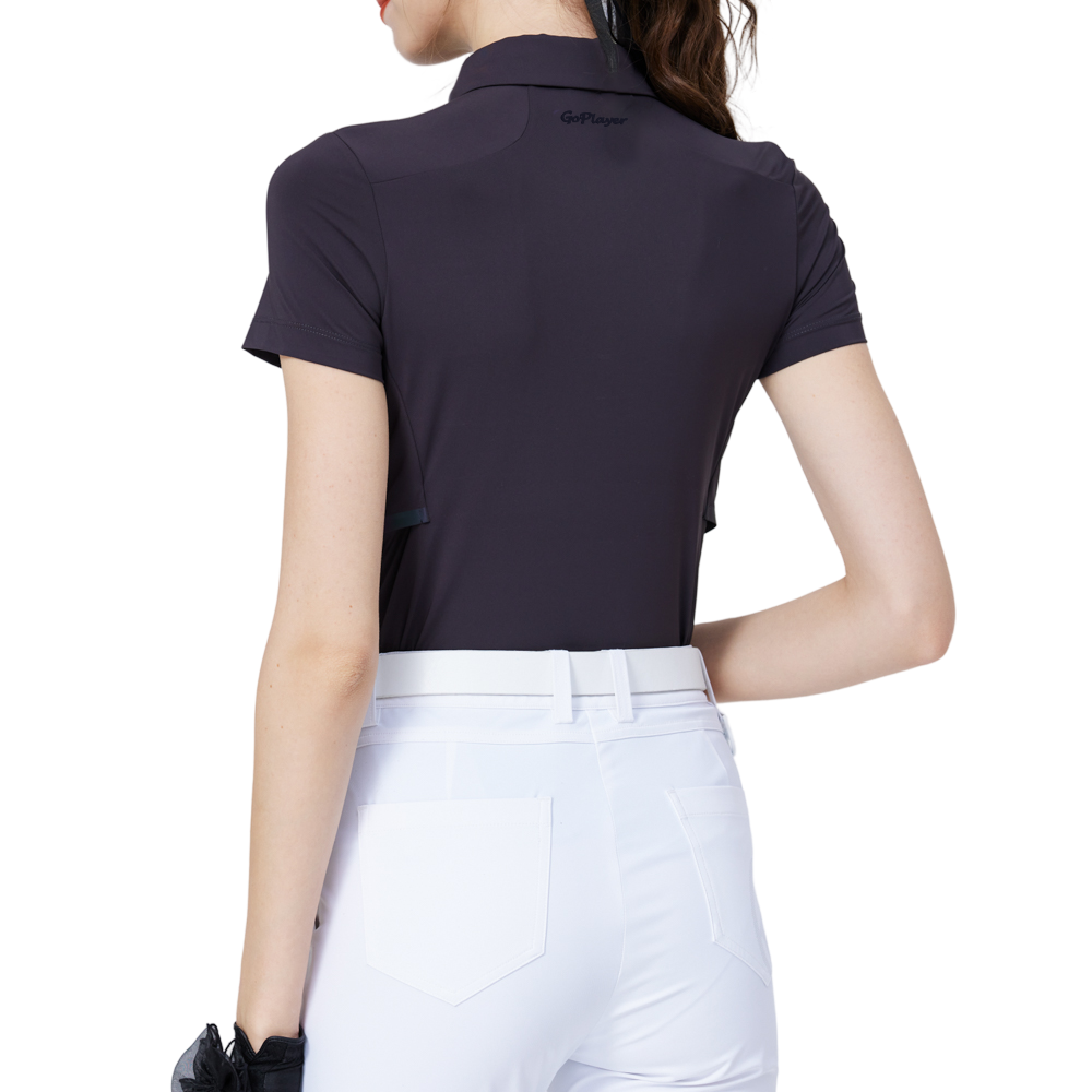 涼感冲孔透氣翻領女短袖上衣(深咖灰)