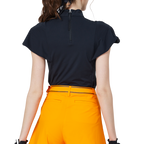 ウェーブスリーブとスタンドカラーのレディース半袖トップス（ブラック）